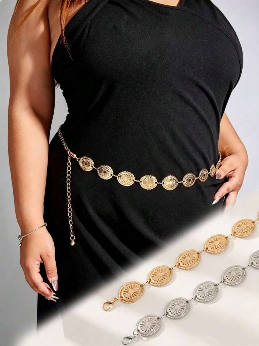 1pc Plus Size European & American Vintage Commuter Style Silver Chain Floral Lace Waist Chain Dress Accessory, Suitable For Daily Wear, Parties And Vacations - Multicolor - View 1