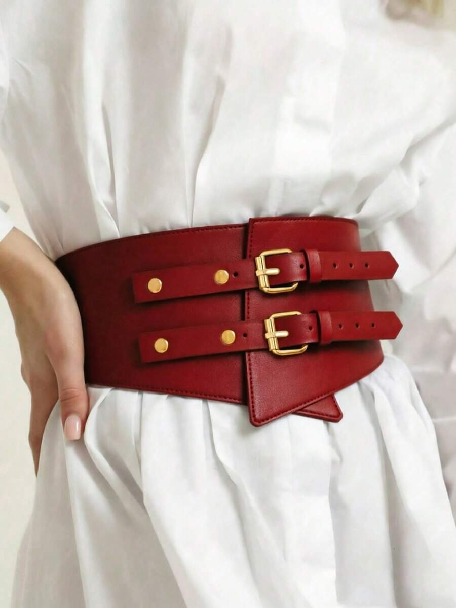 1件女款多功能個性化紅金雙扣時尚可調節腰帶，適合日常穿著、聚會、派對、通勤等多種場合 - 紅色 - 查看 1