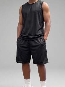 2pcs/Set Men's Black Mesh Sleeveless Tank Top + Loose Shorts, Men's Sportswear Set, Men's Lightweight Breathable Soft Fabric Fitness Workout Outfit, Suitable For Summer Running, Basketball, Machine Washable - Black - View 6