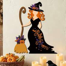 Wooden Halloween Witch Wall Decor Sign, Scary Pumpkin Witch Broom Door Hanging Sticker, Gothic Eerie Indoor Front Door Farmhouse Style Holiday Party Wall Decoration Gift - A - View 3