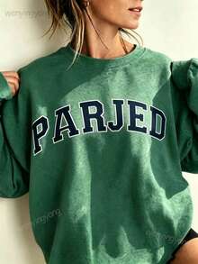 Women's Casual Letter Print Oversized Pullover Sweatshirt, Loose Fit Crew Neck Long Sleeve Hoodie, Fall Outfits For Airport, Back To School,Unisex-L91 - 綠色1 - 查看 1