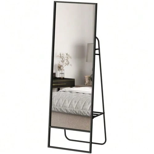Full-Length Mirror, Industrial Design, Back Shelf, 2 Hooks, Metal Frame, For Bedroom, 157 X 50 Cm, Black - Black - View 1