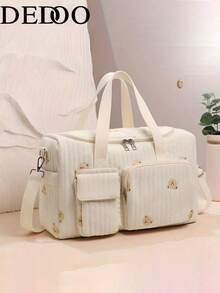 Dedoo Quilted Bear Embroidered Large Capacity Multi-Pocket Travel Tote Bag, Soft Overnight Bag, Suitable For Pregnant Women, Fitness, Weekend Trips - White - View 2
