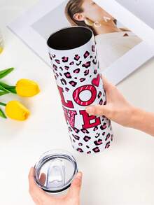 1 pièce Gobelet isotherme en acier inoxydable avec imprimé léopard et lettre LOVE, grande capacité, portable et facile à nettoyer, tasse pour boissons chaudes et froides, cadeau de vacances, cadeau d'anniversaire, convient pour les voyages en plein air, la maison, le bureau et la rentrée scolaire - Multicolore - Voir 3