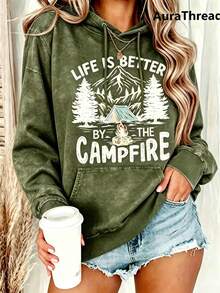 Suéter Gráfico de Campamento para Mujer La Vida es Mejor Junto a la Fogata De Montaña y Árbol de Pino Suéter Cálido de Cuello Redondo para Otoño e Invierno Elasticidad Media Suéter Casual La - Verde 2 - Ver 1