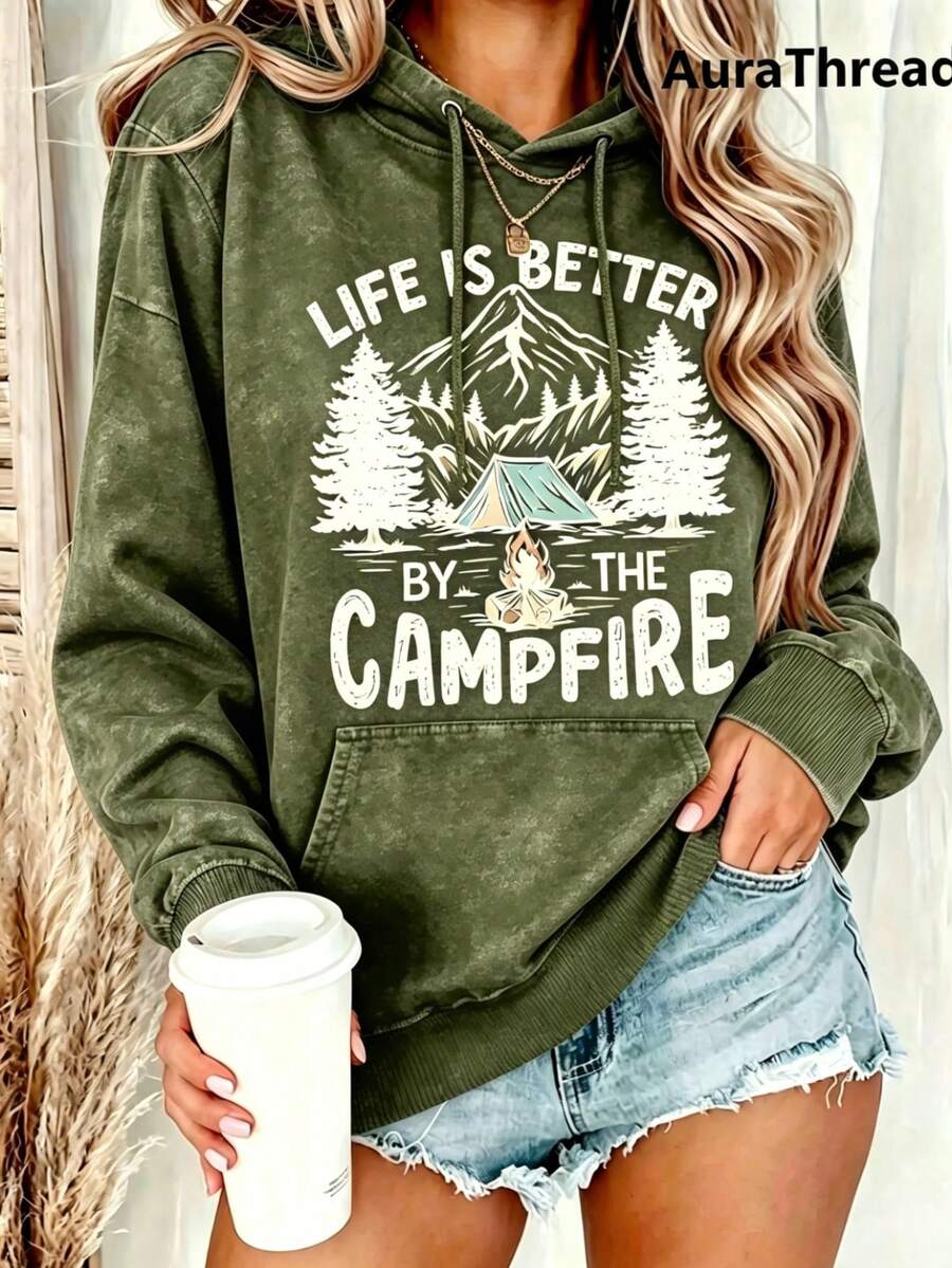 Suéter Gráfico de Campamento para Mujer La Vida es Mejor Junto a la Fogata De Montaña y Árbol de Pino Suéter Cálido de Cuello Redondo para Otoño e Invierno Elasticidad Media Suéter Casual La - Verde 2 - Ver 1