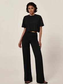 TimeOff Women's One Set Autumn/Winter Solid Color Round Neck Loose Short T-Shirt & Wide Leg Long Pants Sports Outfit - Black - View 7