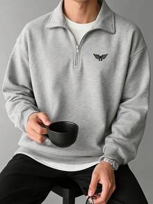 Men's Wing Badge Embroidered Half-Zip Polo Collar Sweatshirt, Loose Fit Light Business Casual Pullover Top - Grey - View 1
