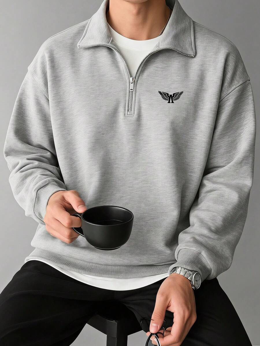 Men's Wing Badge Embroidered Half-Zip Polo Collar Sweatshirt, Loose Fit Light Business Casual Pullover Top - Grey - View 1