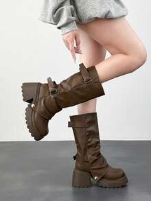 Multi-Buckle Ruched Thick Sole Knee-High Boots, Plus Size Women's Vintage Autumn/Winter Street Rider Boots - Khaki - View 6