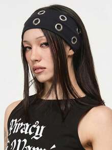 Punk Gothic Style Black Metal Eyelet Headband, Wide Elastic Non-Slip Hair Hoop, Suitable For Yoga Sports, Cool Metal Rivet Daily Fashion Women's Hair Accessory - Black - View 4
