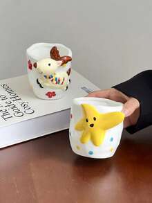 1pc 3D Embossed Star & Deer Handheld Coffee Mug, Exquisite Handmade Artistic Mug, Highly Attractive Niche Design, Interesting Cup, Ceramic - Suitable For Brewing Coffee, Strong Tea, Latte, Cappuccino, Christmas Gift - Multicolor - View 4