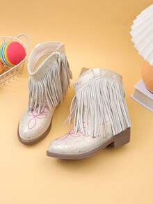 Girls' Kids' Short Mid-Calf Boots, Glitter Embroidered Tassel High Heel Western Boots, Color Block Round Toe Side Zipper - Beige - View 5