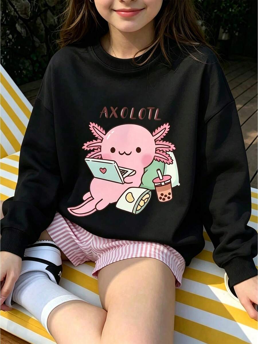 Cartoon Mexican Axolotl Print Crew Neck Sweatshirt, Casual & Comfortable, Suitable For Autumn/Winter Fashion, Cute Apparel - Black - View 1