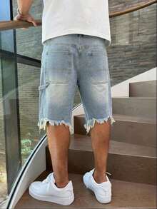 Blue Frayed Hem Denim Shorts, Loose Straight Leg Cut, Asymmetrical Distressed & Frayed Hem Design, Vintage Wash Texture, Casual Streetwear Basic - Blue - View 2