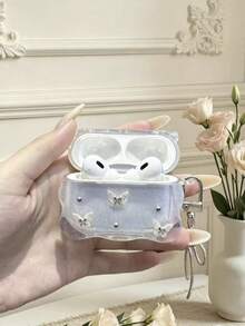 1件波浪邊透明亮片TPU 保護殼，3D金屬蝴蝶與鉚釘裝飾透明耳機套，附水鑽蝴蝶結吊飾與金屬登山扣掛鉤，相容 Apple 2/1/3/4 與 Pro / Pro 2 / Pro 3（不含耳機） - 彩色 - 查看 1