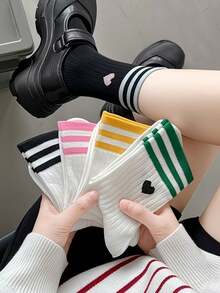 4 Pairs Random Assorted Women's Multi-Color Striped Heart Mid-Calf Socks, Breathable Cute Sweet Preppy Style, Versatile For Outings, Commuting And Gifts - Multicolor - View 7