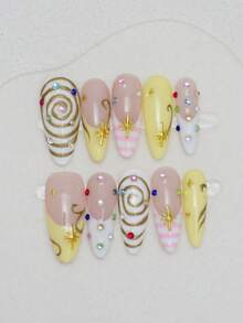 10pcs Handmade Oval False Nails, DIY Wearable Nails, Acrylic Long Nails, Pink Plaid Yellow French Tip, Spiral Nail Art, Rhinestone Decor, 3D Star, Suitable For Summer, DIY, Party, Vacation, Date, Women Girls Gift, Nail Art Supplies - Multicolor - View 14