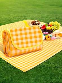 1pc Yellow & White Plaid Sand-Proof Picnic Mat, Orange Border, Foldable Durable Non-Woven Fabric, Suitable For Camping, Hiking And Outdoor Activities, Camping Essential, Plaid Pattern, Durable Canvas Material, Camping Accessory - Multicolor - View 14