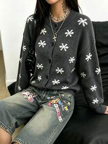 Autumn/Winter Snowflake Print Round Neck Button Long Sleeve Cardigan Sweater Jacket, Fashionable Elegant Minimalist Lazy Loose Versatile Elegant Knitwear - Grey - View 5