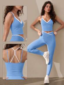 Women's 2-In-1 Double Strap V-Neck Removable Liner Sports Yoga Tank Top, High Support Y-Back Padded Fitness Training Vest - Blue - View 8