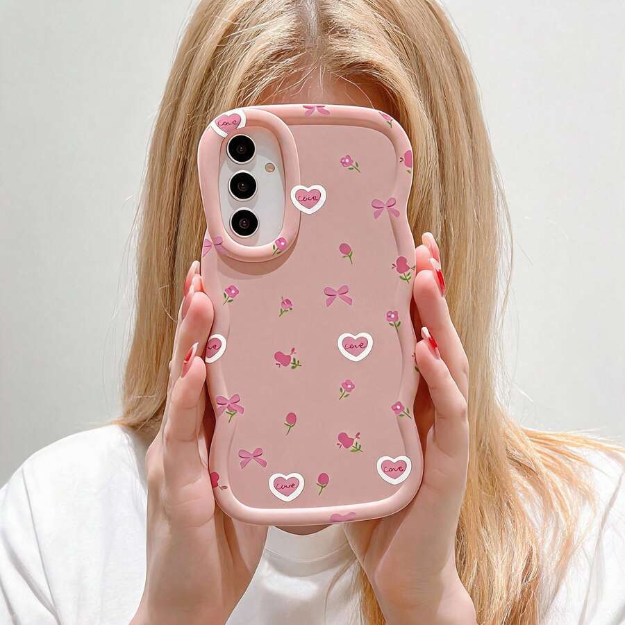 Macaron Edge Wavy Texture; Matte Texture Comfortable Touch; Creative Eye-Catching Full-Screen Asymmetrical Heart Bow Flower Pattern; Soft Material Easy Installation And Removal Without Damaging The Phone. Compatible With MOTOG04/05/13/14/15/24/34/35 Compatible With Samsung A12/A13/A14/A15/A16/A17/A04/A05/A06/A07/A51/A54/A55/A56/A34/A35A/36/S25/S25Plus/S25Ultra Compatible With OPPOA54 Soft Full Coverage Phone Case - Pink - View 1