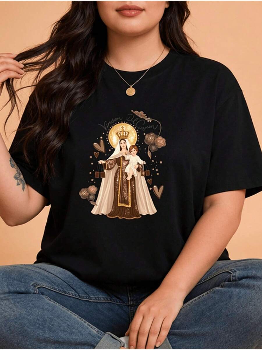 Camiseta de mujer de algodón con gráfico divertido, Virgen del Carmen, religiosa, floral, con diseño de corazón, moderna, casual, cómoda, corte. - Negro - Ver 1