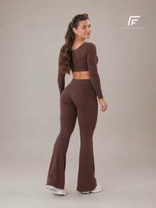 Plain Zero-Transparency Polyamide Flare Long Sleeve Fitness Gym Set - Rust Brown - View 3