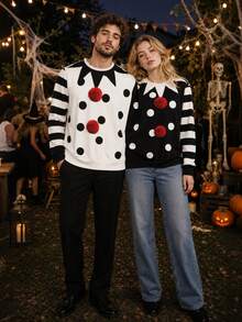 Couples Halloween Clown Costume 2-Person Conjoined Pullovers For Cosplay - Black and White - View 2