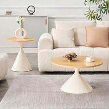 Sanduhr Series 2-Piece Coffee Table Set With Distinctive Conical Shape, Melamine Tabletop In Wood Look + Cream-Colored Metal Base, Space-Saving Stackable Design, Ideal For Living Room, Bedroom & Office - Natural Color - View 5
