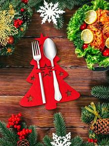 12pcs/1pc Christmas Tree Shaped Felt Placemats - Tableware Holder And Tabletop Decor, Suitable For Christmas Party, Birthday Party, Wedding, Theme Party, Holiday Celebration, Vintage Style Party And Home Decor - One Size Fits All - View 4