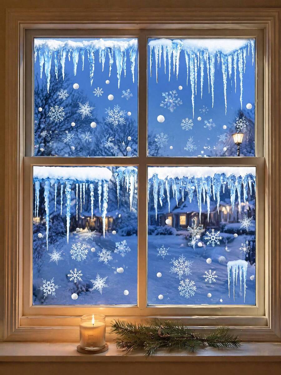 4pcs Christmas Icicle Window Sticker Decals, Includes Snowflake And Icicle Decals, Icicle Christmas Window Stickers, Winter Wonderland Background Decorative Stickers, Suitable For Christmas Home Decor,Shop Window Cling, Ideal Winter Decor Party Props - Ice Pick Style - View 1