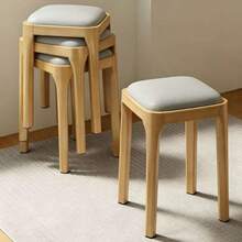 Stackable Solid Wood Square Stool, Soft And Comfortable Padded Seat Cushion Stool, Dining Room Backup Stool, Living Room Sofa Side Stool – No Armrest, Backup Stool. - Light Grey - View 3