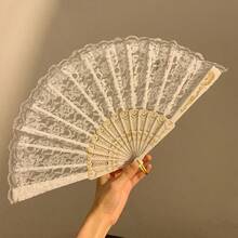 1pc White Floral Lace Folding Fan, Vintage Hand Fan, Suitable For Wedding Party, Dance Performance And Photo Props - Multicolor - View 8