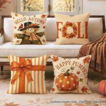 Vintage Herbst Vogelscheuche & Kürbis Kissenbezug 4 Stücke Set, einseitig bedrucktes Pfirsichhaut Polyester Material, 45*45CM Kissenbezug für modernes Stoffsofa Innenraum Dekoration, Party Dekoration, Geschenk - Verschiedenfarbig - Übersicht 1