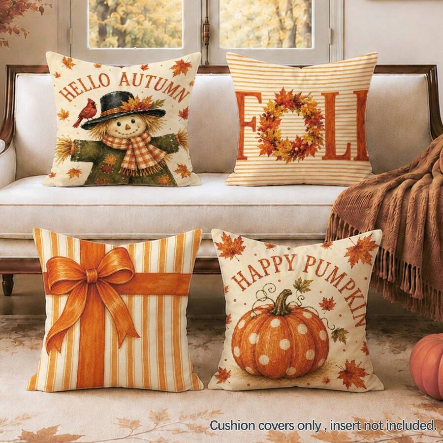 Vintage Herbst Vogelscheuche & Kürbis Kissenbezug 4 Stücke Set, einseitig bedrucktes Pfirsichhaut Polyester Material, 45*45CM Kissenbezug für modernes Stoffsofa Innenraum Dekoration, Party Dekoration, Geschenk - Verschiedenfarbig - Übersicht 1