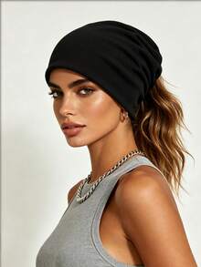 1pc Multifunctional Ponytail Hat, Soft Elastic Loose Headband Cap, Casual Daily Style, Solid Color/Star Leopard Print/Letter Print - Multicolor - View 4