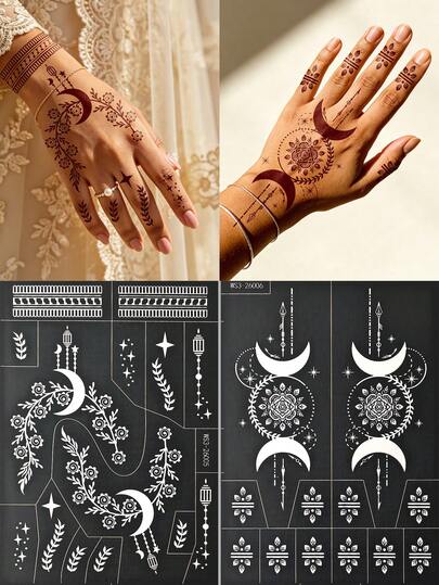 2pcs Bohemian Style Star Moon Arrow Feather Tattoo Templates, Waterproof Long-Lasting Exotic Tattoo Stickers For Daily, Festival, Music Festival, Hand And Foot Art