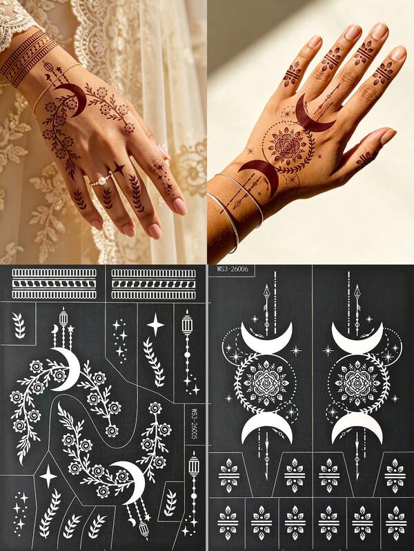 2pcs Bohemian Style Star Moon Arrow Feather Tattoo Templates, Waterproof Long-Lasting Exotic Tattoo Stickers For Daily, Festival, Music Festival, Hand And Foot Art