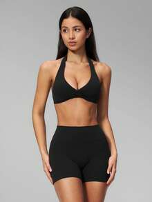 MFVIM Women's 2-Piece Yoga Set, V-Neck Halter Back/High Waist Butt-Lifting Shorts With Padded Cups - Premium Black - View 8