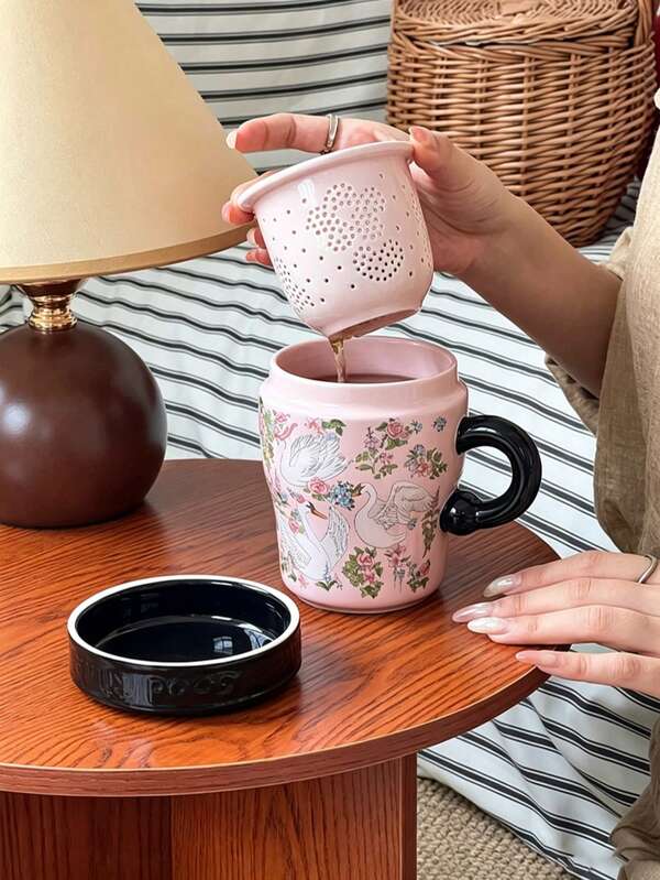 1 Set Taza de Cerámica Estilo Ins con Cisne Floral Pintado a Mano, con Tapa y Colador de Té, Taza de Té para Oficina, Taza para Beber Muy Atractiva