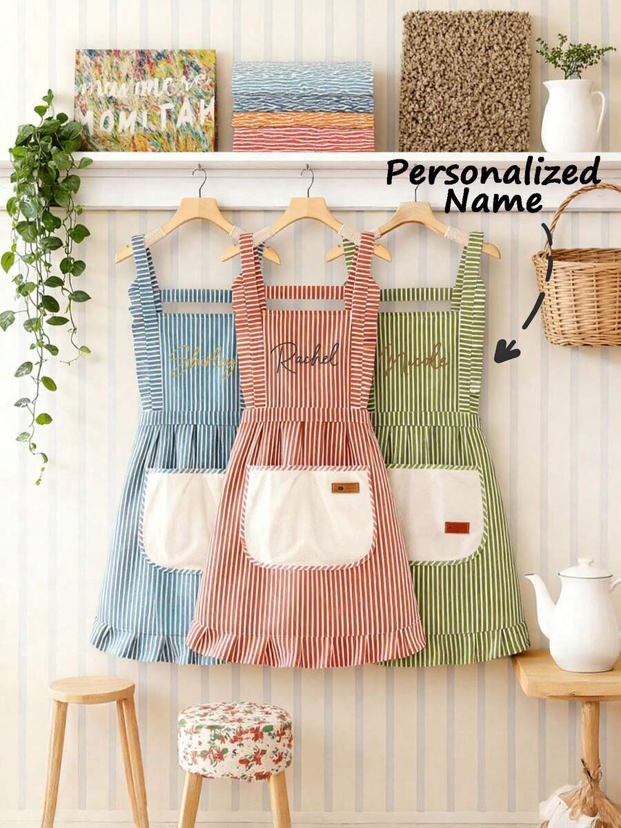 客製化姓名刺繡條紋圍裙,附口袋,適用廚房、烘焙與咖啡店,烘焙與烹飪禮物,送給媽媽的禮物 - 彩色 - 查看 1