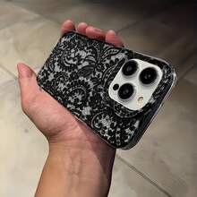 1 قطعة غطاء هاتف بحافة مستقيمة وتصميم قشرة فضائية بفتحات كبيرة، نمط دانتيل أسود مجوف فرنسي، غطاء هاتف شخصي متوافق مع أبل 16 برو ماكس 17/16/15/14 بلس/13/12/11 غطاء حماية إير - متعدد الألوان - مشاهدة 4