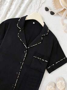 2 Pcs Women All-Over Leopard Print Contrast Color Short Sleeve Top And Shorts Pajama SetRuffle Shorts Lounge Sets Pocket Button Front Short Sleeve - 黑色 - 查看 3