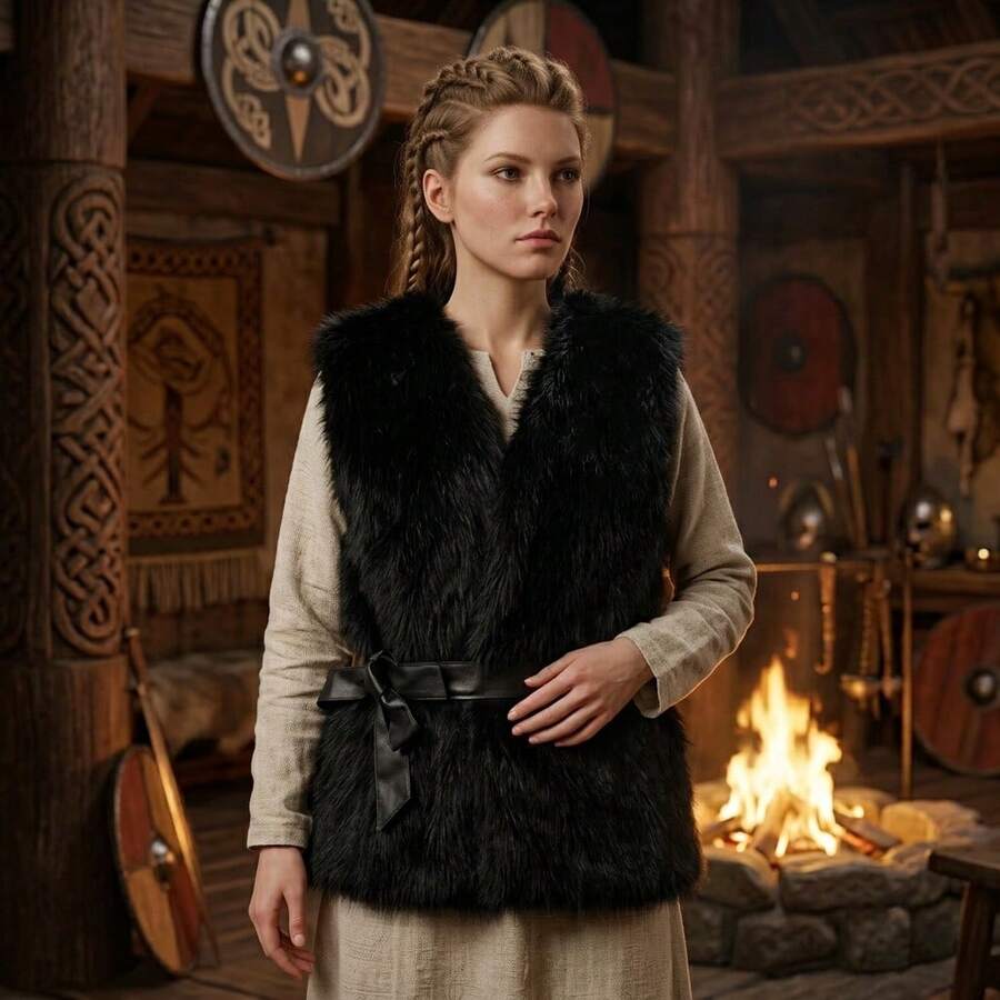 New Faux Fur Vest Shawl, Black Belt Waist Cincher Thick Plush Shawl Vest, Costume Accessory, Faux Fur Fleece Jacket Shawl, Can Be Paired With Various Outfits, Suitable For Multiple Occasions, Parties, Cosplay, Themed Events, Daily Wear, Etc. - Multicolor - View 1