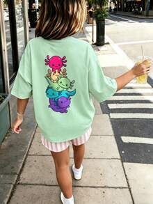 Kaos Anak Perempuan Remaja Motif Kartun Salamander Warna-warni Lucu, Cocok untuk Liburan Kasual Musim Panas - Mint Green - View 2