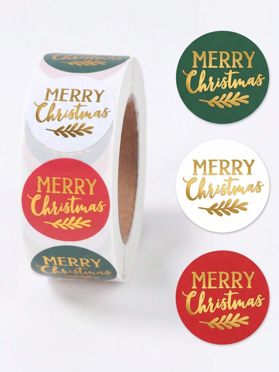 1Roll/500Pcs Merry Christmas Sticker Roll, Christmas Decoration Tag Sticker With Embossed Wax Seal Design, Envelope Sticker Label, Sealing Stickers, Gift Packaging, Merry Christmas Decoration For Home, Xmas Party Supplies - Christmas Red Green White Lettering - View 1