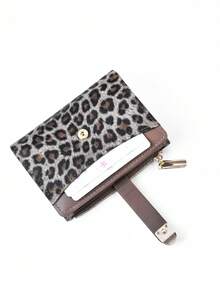 Classic Fashion Leopard Print Patchwork Short Wallet, Handheld PU Exquisite Snap Card Holder & Document Organizer, Compact And Lightweight - Chocolate Brown - View 6