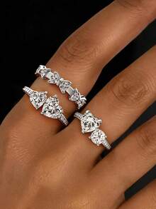 3pcs Silver Tone White Cubic Zirconia Bow Knot Ring Set, Women's Birthday Gift, Girls Daily Party Decoration Stackable Jewelry Gift - Silver - View 19