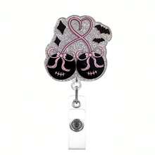 1 pièce/3 pièces/4 pièces Enrouleur de badge rétractable avec clip, motif crâne Halloween pailleté en acrylique noir et rose, convient aux professionnels de santé - Multicolore - Voir 7